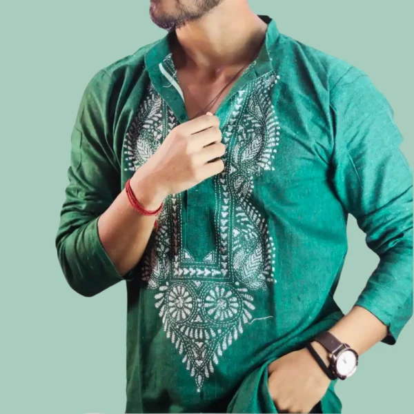Green Khadi Kantha Punjabi ( Full Sleeve ) - Image 3