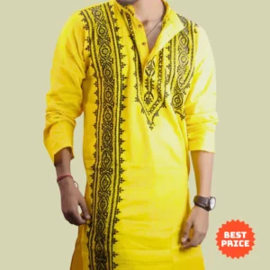 Yellow Gujarati Hand Stitch Cotton Punjabi ( Full Sleeve )