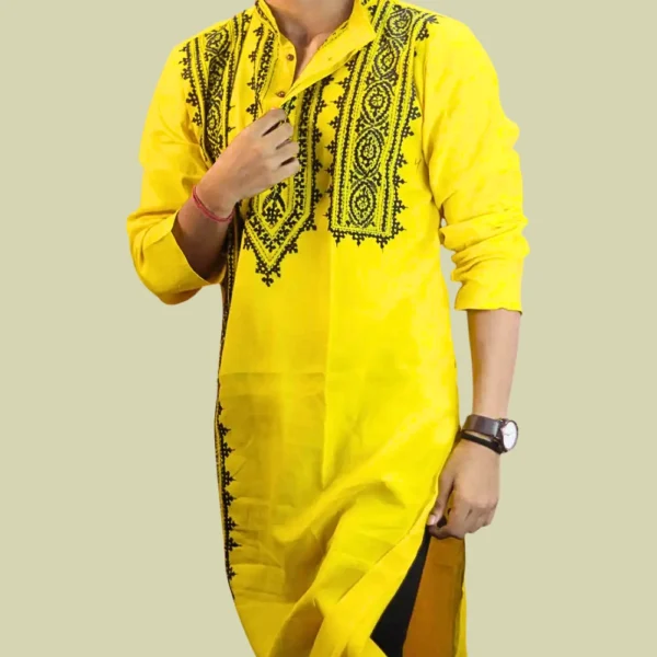 Yellow Gujarati Hand Stitch Cotton Punjabi ( Full Sleeve ) - Image 3