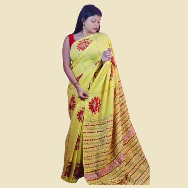 Handcrafted Yellow Cotton Khesh Saree with Red Motif Embroidery | Khesh Saree by iNDLooms - Image 2