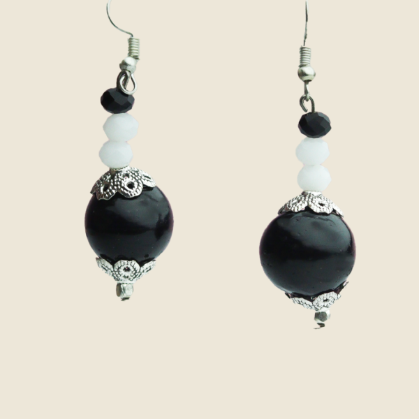 Handmade Black and White Beaded Earrings with Silver Detailing by INDLooms - Image 3