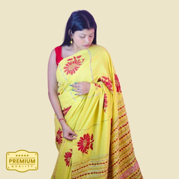 Handcrafted Yellow Cotton Khesh Saree with Red Motif Embroidery | Khesh Saree by iNDLooms