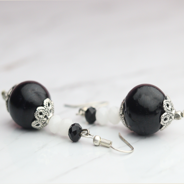 Handmade Black and White Beaded Earrings with Silver Detailing by INDLooms - Image 2