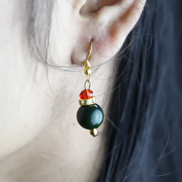 Handcrafted Olive Green & Red Accent Pearl Earrings by INDLooms - Image 2