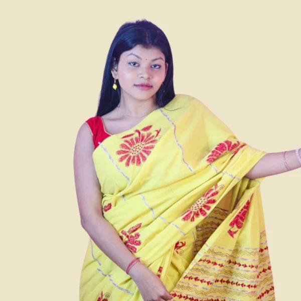 Handcrafted Yellow Cotton Khesh Saree with Red Motif Embroidery | Khesh Saree by iNDLooms - Image 6