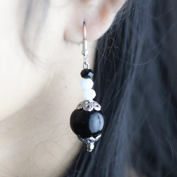 Handmade Black and White Beaded Earrings with Silver Detailing by INDLooms - Image 4