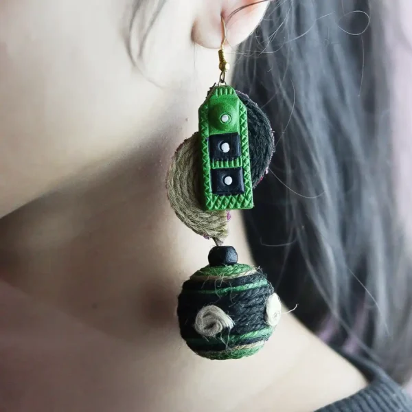 Premium Organic Green Handcrafted Jute & Clay Earrings by INDLooms - Image 2