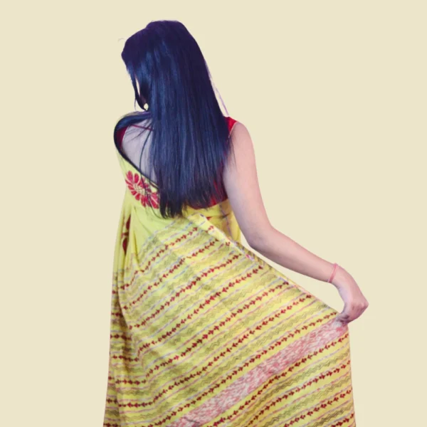 Handcrafted Yellow Cotton Khesh Saree with Red Motif Embroidery | Khesh Saree by iNDLooms - Image 5