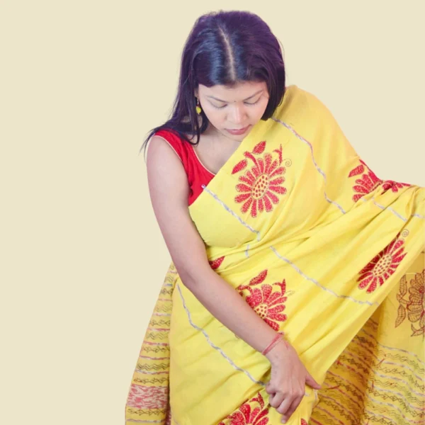Handcrafted Yellow Cotton Khesh Saree with Red Motif Embroidery | Khesh Saree by iNDLooms - Image 3