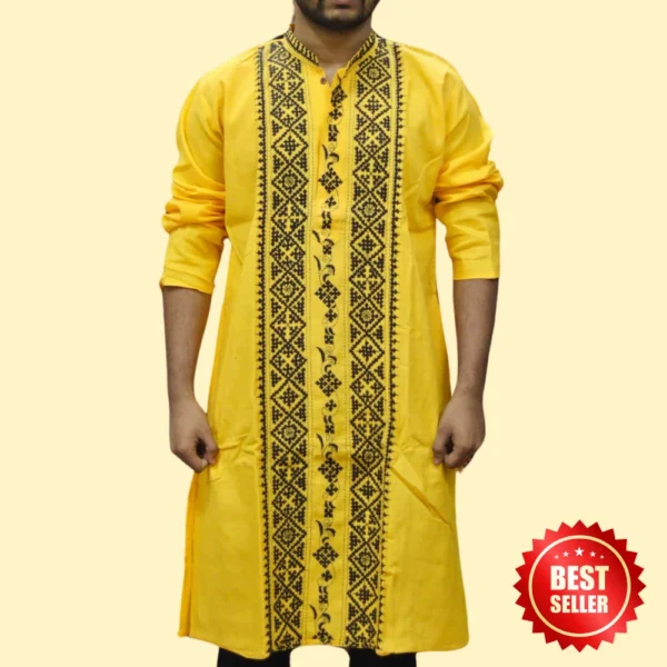 Yellow Kurta Punjabi with Intricate Kantha Embroidery - Handmade by INDLooms