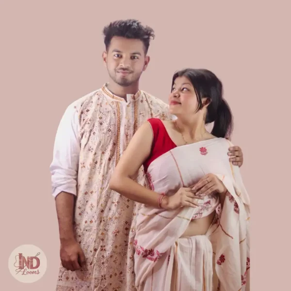 Elegant Off-White Khesh Saree & White Kurta Punjabi Combo – Handcrafted with Rich Embroidery