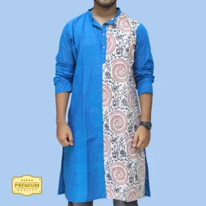 Blue & Cream Kurta Punjabi with Intricate Kantha Embroidery – Handcrafted by INDLooms