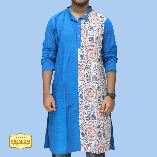 Blue & Cream Kurta Punjabi with Intricate Kantha Embroidery – Handcrafted by INDLooms