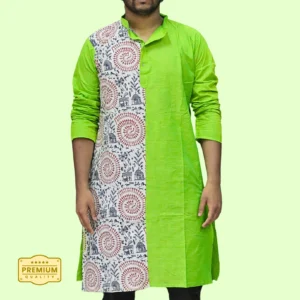 Men's green kurta with tribal art print panel – handloom cotton ethnic wear by Indlooms