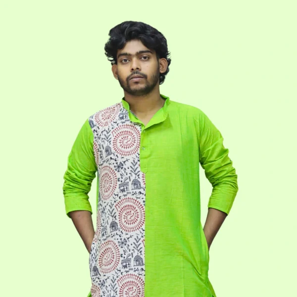 Men's green kurta with tribal art print panel – handloom cotton ethnic wear by Indlooms