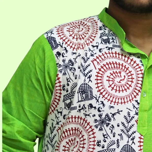 Men's green kurta with tribal art print panel – handloom cotton ethnic wear by Indlooms