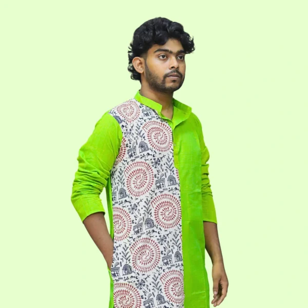 Men's green kurta with tribal art print panel – handloom cotton ethnic wear by Indlooms