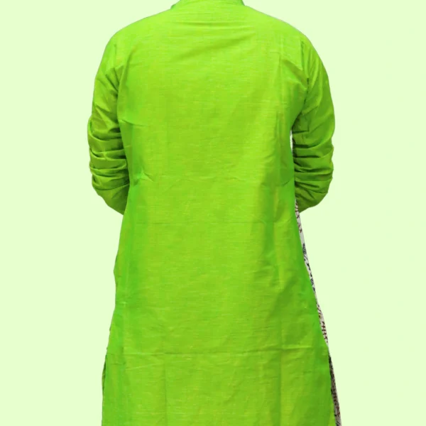Men's green kurta with tribal art print panel – handloom cotton ethnic wear by Indlooms
