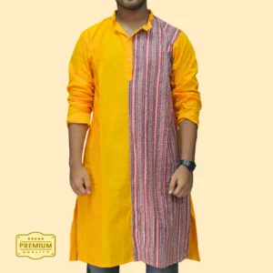 Men's Mustard Yellow Handloom Kurta with Tribal Print Panel – Handcrafted by INDLooms