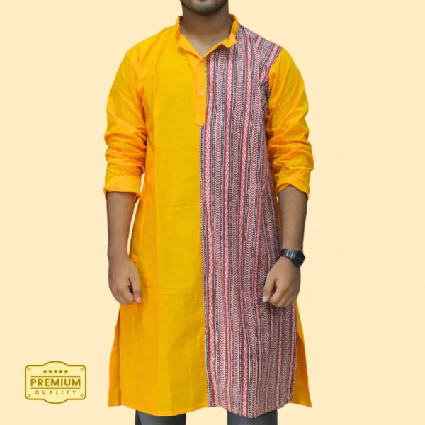 Men's Mustard Yellow Handloom Kurta with Tribal Print Panel – Handcrafted by INDLooms