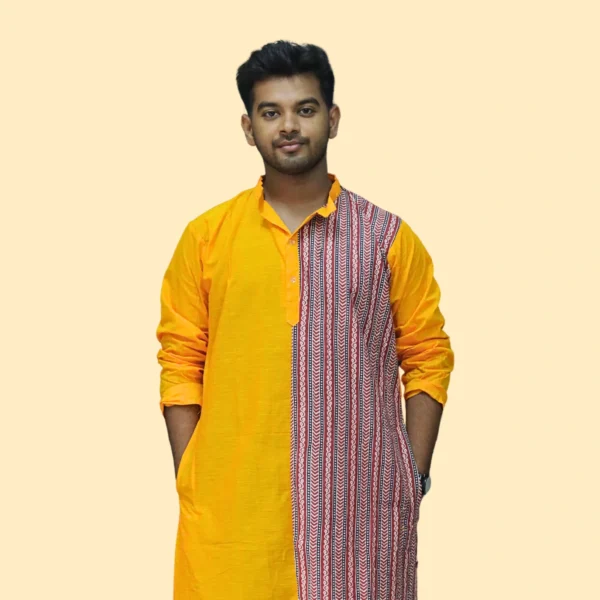 Men's Mustard Yellow Handloom Kurta with Tribal Print Panel – Handcrafted by INDLooms - Image 5