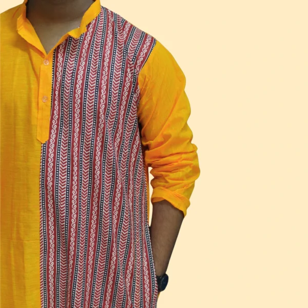 Men's Mustard Yellow Handloom Kurta with Tribal Print Panel – Handcrafted by INDLooms - Image 4