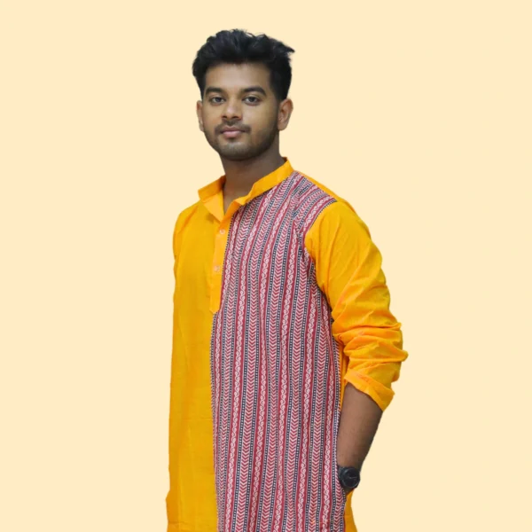 Men's Mustard Yellow Handloom Kurta with Tribal Print Panel – Handcrafted by INDLooms - Image 2