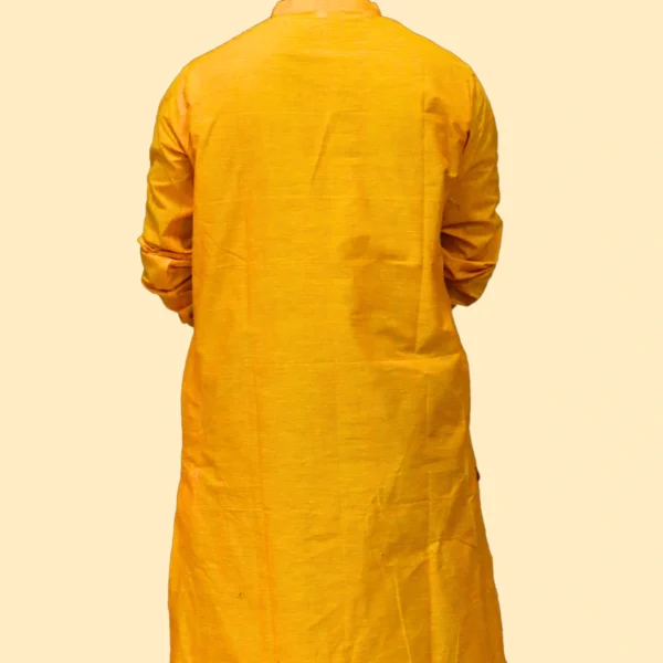 Men's Mustard Yellow Handloom Kurta with Tribal Print Panel – Handcrafted by INDLooms - Image 3