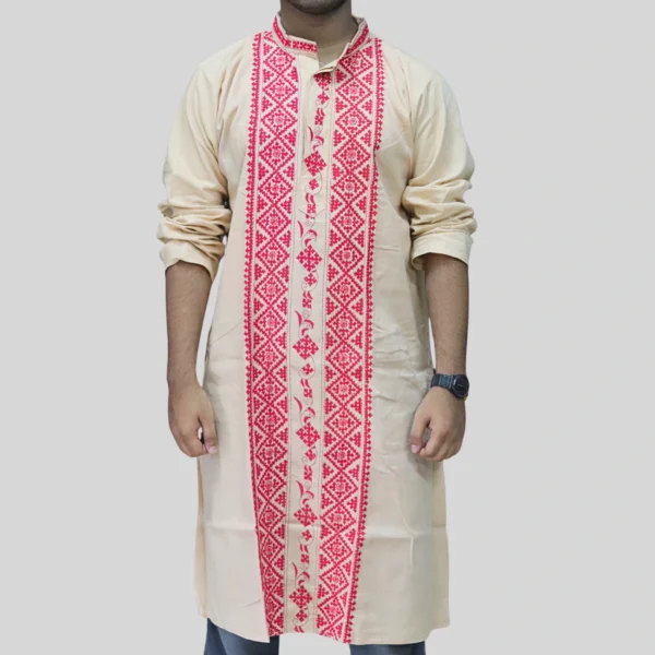 Men's cream kurta with red Assamese embroidery – traditional handcrafted ethnic wear by Indlooms