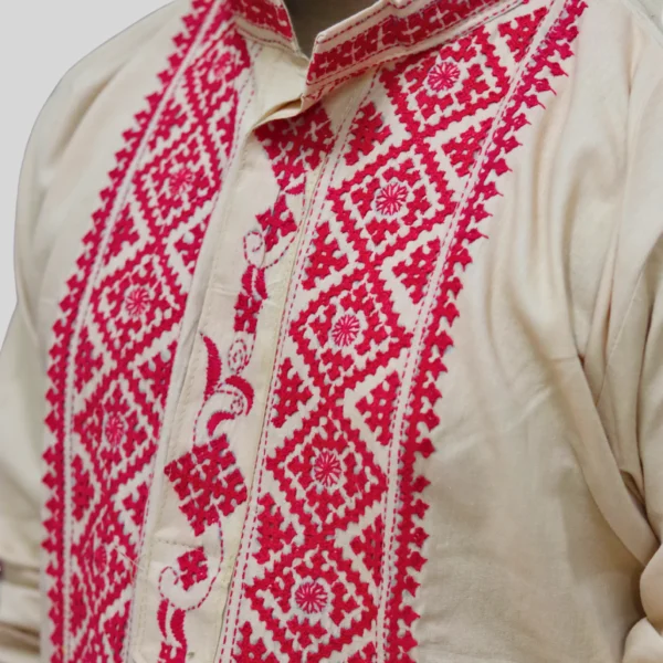 Men's cream kurta with red Assamese embroidery – traditional handcrafted ethnic wear by Indlooms