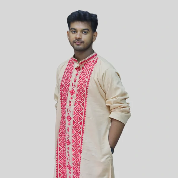 Men's cream kurta with red Assamese embroidery – traditional handcrafted ethnic wear by Indlooms
