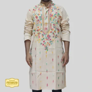 Men's cream kurta with multicolor floral embroidery – festive ethnic wear by Indlooms