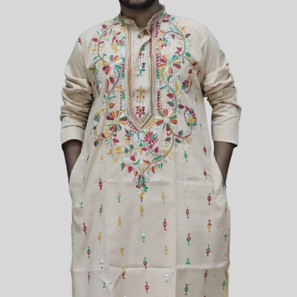 Men's cream kurta with multicolor floral embroidery – festive ethnic wear by Indlooms