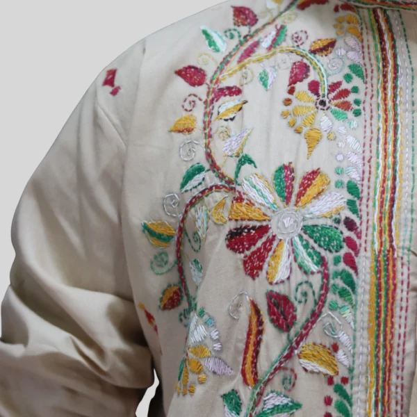 Men's cream kurta with multicolor floral embroidery – festive ethnic wear by Indlooms