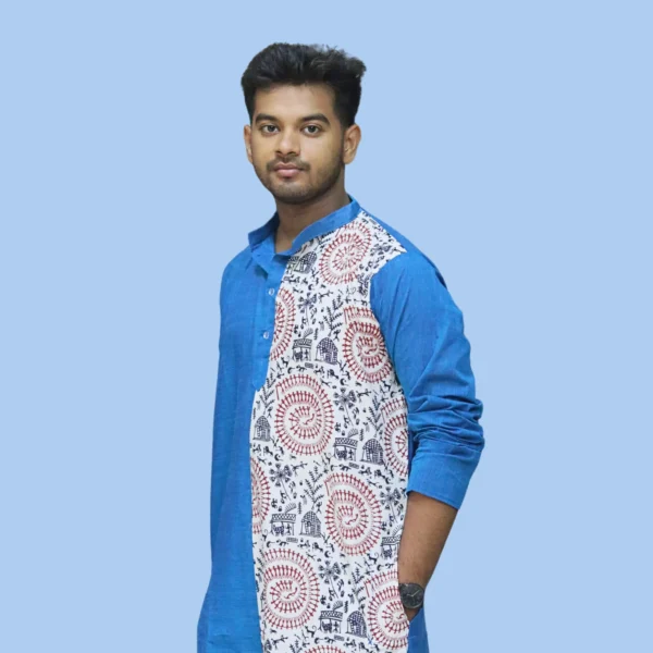 Blue & Cream Kurta Punjabi with Intricate Kantha Embroidery – Handcrafted by INDLooms - Image 4