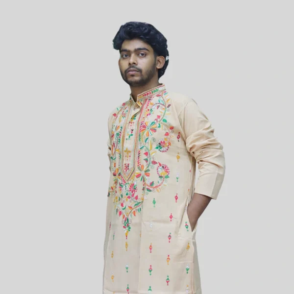 Men's cream kurta with multicolor floral embroidery – festive ethnic wear by Indlooms