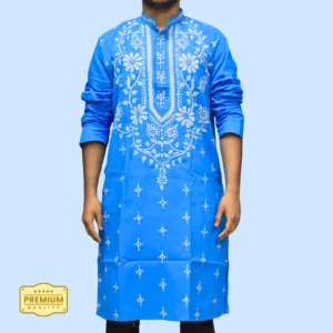 Blue cotton kurta for men with white floral embroidery and full sleeves – Indlooms