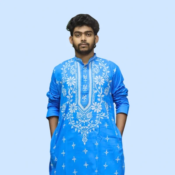 Blue cotton kurta for men with white floral embroidery and full sleeves – Indlooms