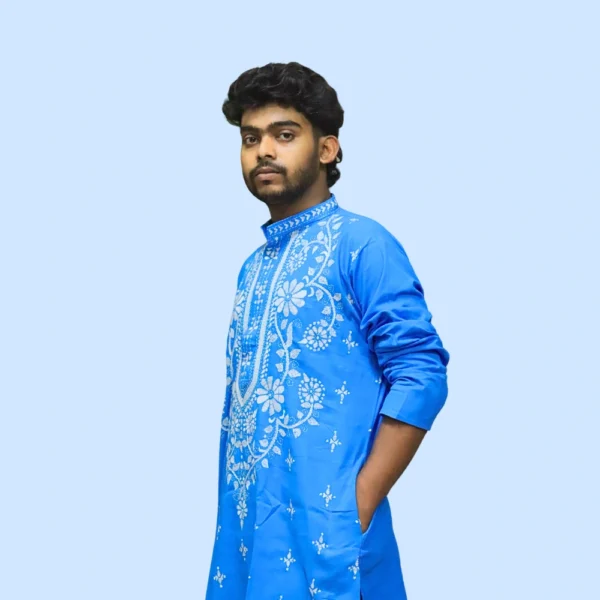 Blue cotton kurta for men with white floral embroidery and full sleeves – Indlooms