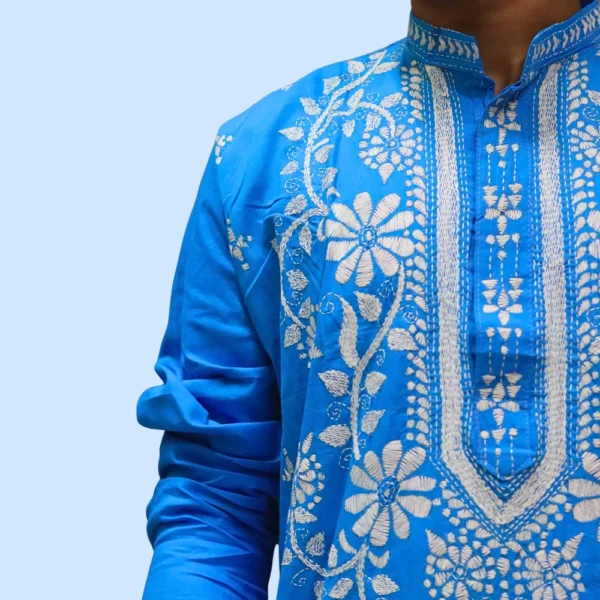 Blue cotton kurta for men with white floral embroidery and full sleeves – Indlooms