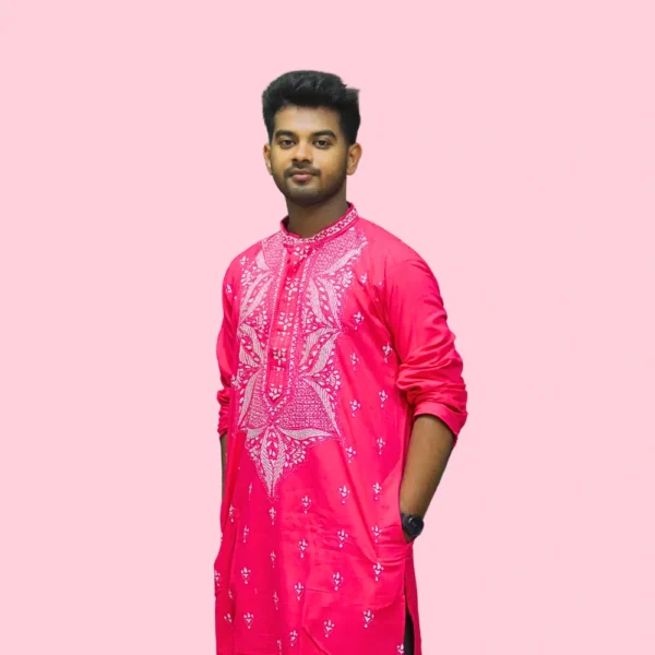 Men’s pink kurta with white embroidery – Indlooms premium ethnic wear
