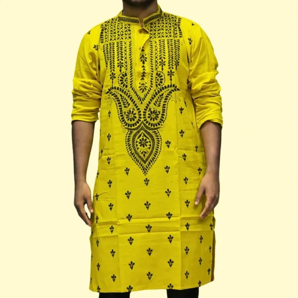 Men's yellow kurta with black thread embroidery – festive ethnic wear by Indlooms