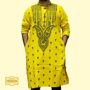 Men's yellow kurta with black thread embroidery – festive ethnic wear by Indlooms