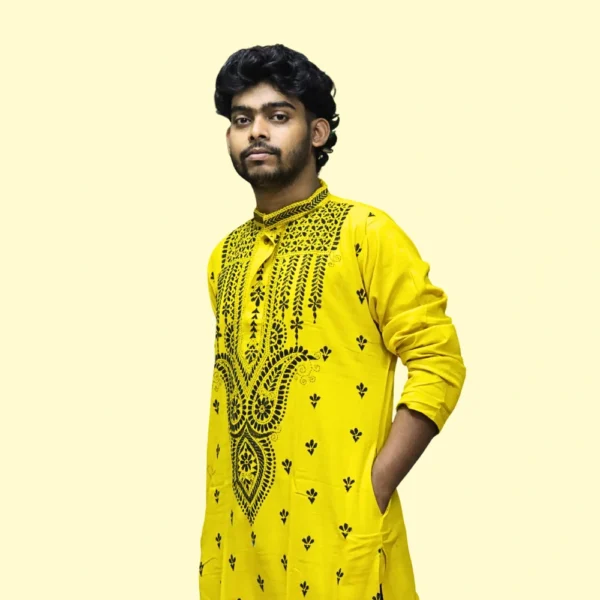 Men's yellow kurta with black thread embroidery – festive ethnic wear by Indlooms