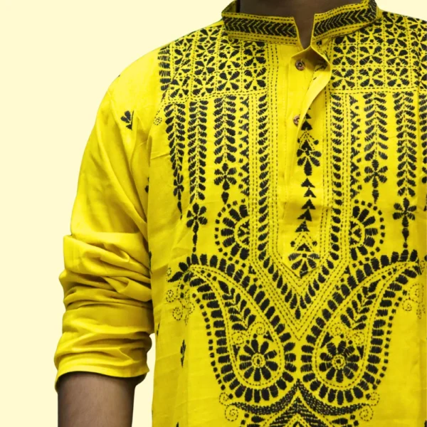 Men's yellow kurta with black thread embroidery – festive ethnic wear by Indlooms