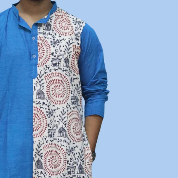 Blue & Cream Kurta Punjabi with Intricate Kantha Embroidery – Handcrafted by INDLooms - Image 3