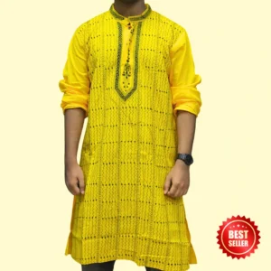 Men's yellow kurta with black thread embroidery – festive ethnic wear by Indlooms