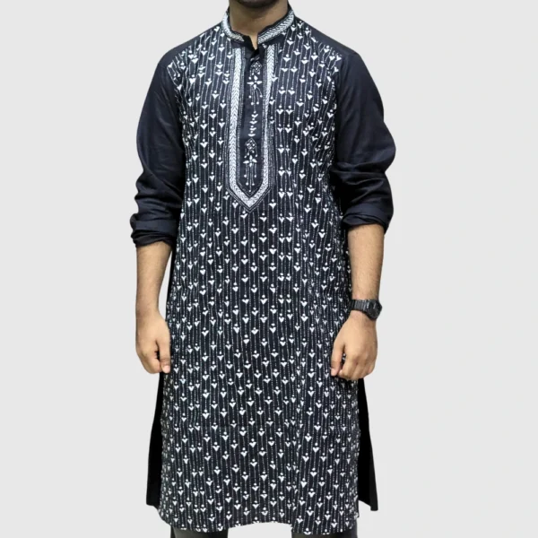 Men's black kurta with white geometric embroidery – trendy ethnic wear by Indlooms