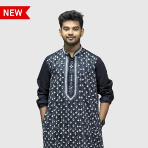 Men's black kurta with white geometric embroidery – trendy ethnic wear by Indlooms