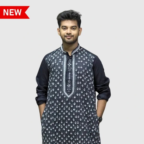 Men's black kurta with white geometric embroidery – trendy ethnic wear by Indlooms